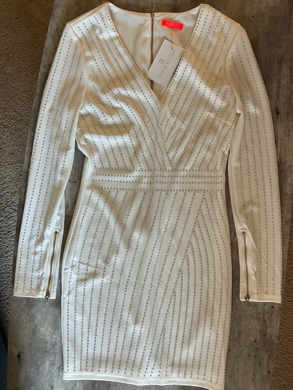 Banjul Diva Boutique White Long-Sleeve V-Neck Studded Bodycon Dress